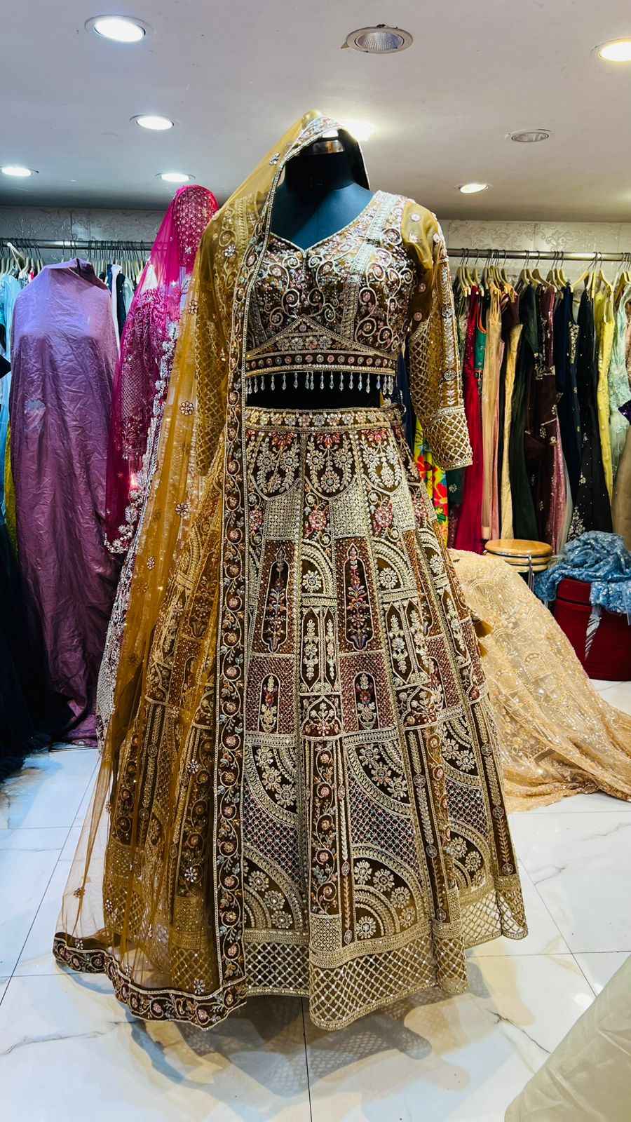 Luxurious Coffee Brown, Gold Bridal Lehenga Choli with Heavy Zari & Sequin Embroidery