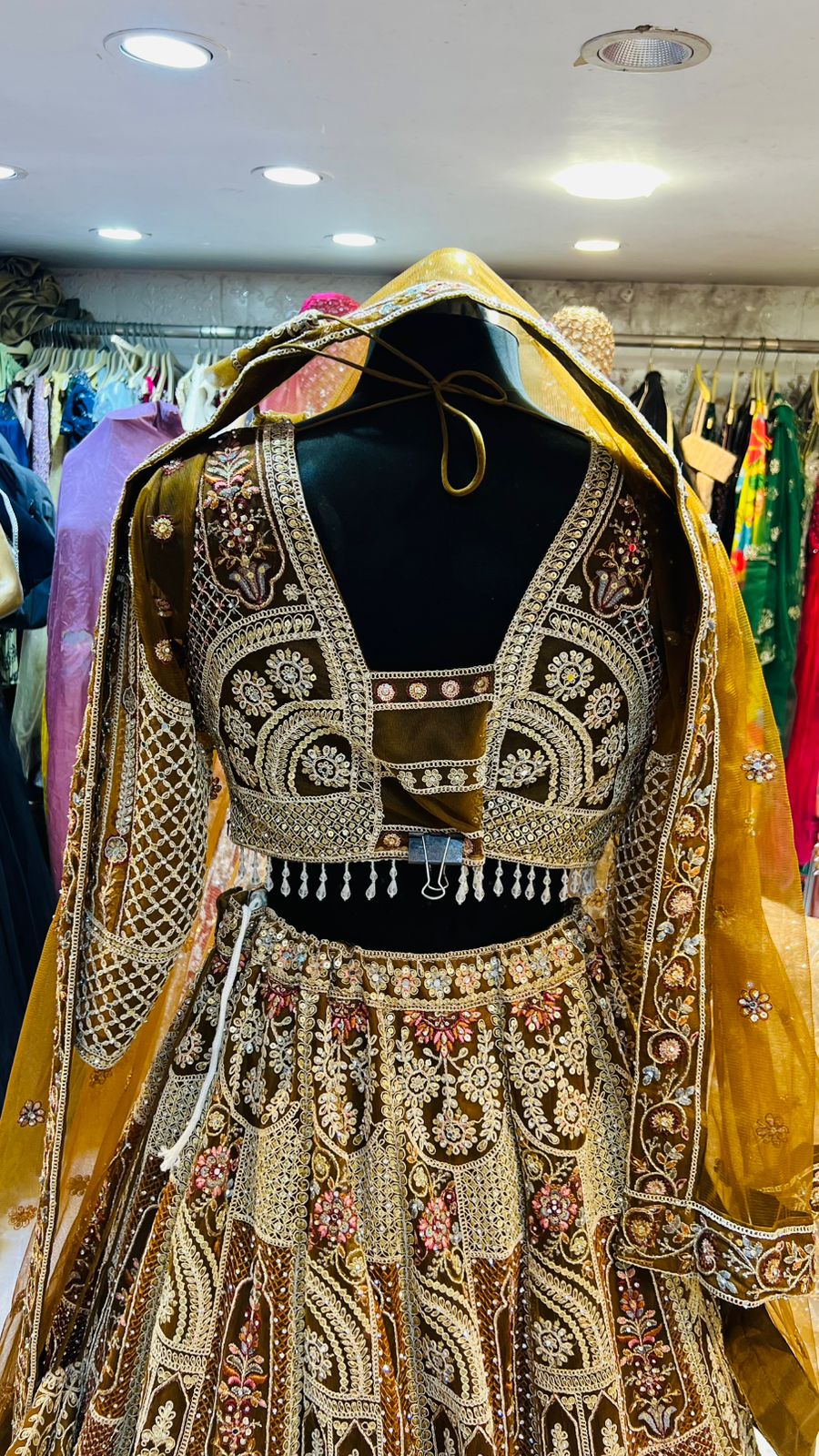 Luxurious Coffee Brown, Gold Bridal Lehenga Choli with Heavy Zari & Sequin Embroidery