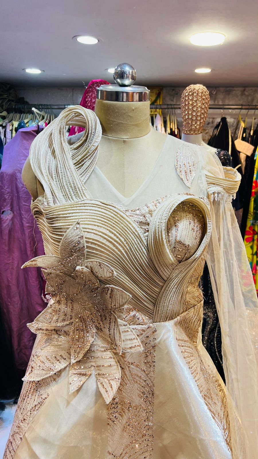 Designer Champagne Gold Sculpted Ball Gown with 3D Floral Applique & Sequin Work