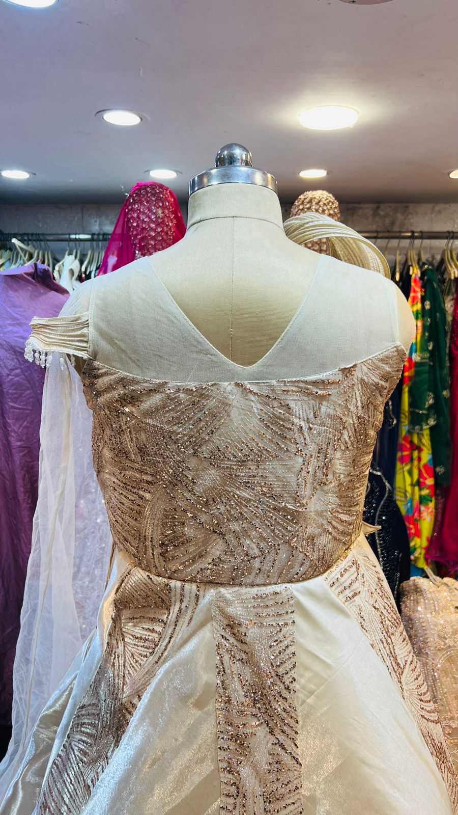 Designer Champagne Gold Sculpted Ball Gown with 3D Floral Applique & Sequin Work