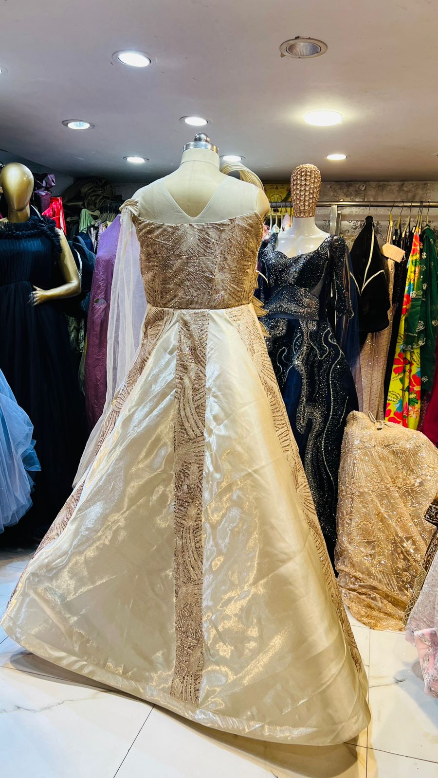 Designer Champagne Gold Sculpted Ball Gown with 3D Floral Applique & Sequin Work
