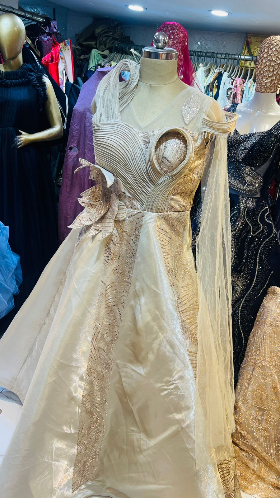 Designer Champagne Gold Sculpted Ball Gown with 3D Floral Applique & Sequin Work