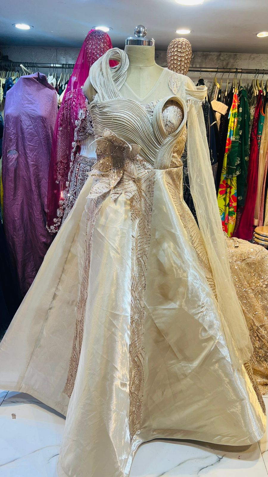 Designer Champagne Gold Sculpted Ball Gown with 3D Floral Applique & Sequin Work
