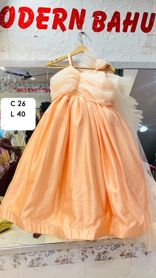 Dreamy Peach Satin & Tulle Princess Gown with Ruched Bodice & Ruffled Shoulder Train – Luxury Kids Party Wear