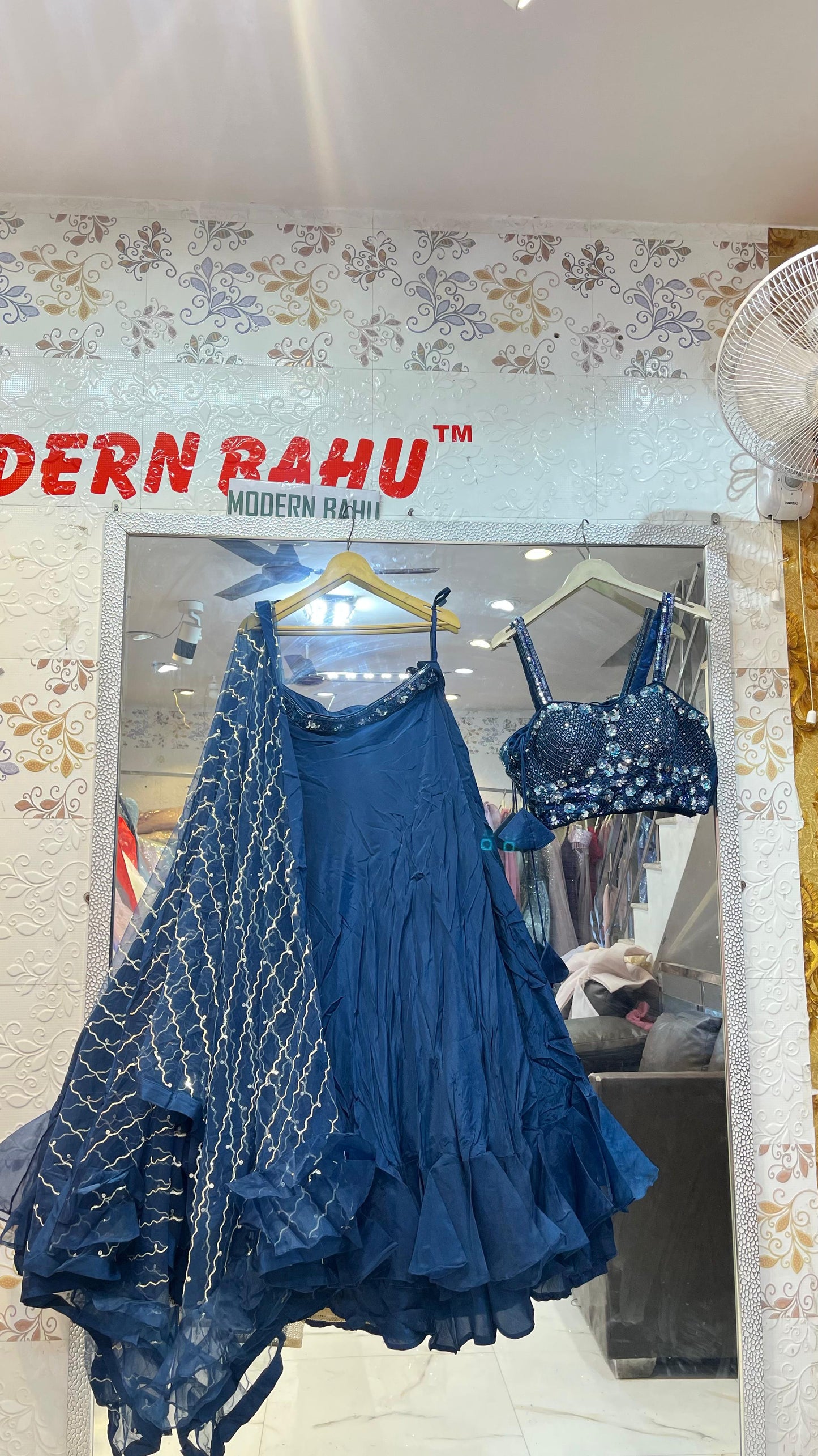 Royal Blue Ruffled Lehenga Choli | Sequin Floral Embroidered Blouse with Net Dupatta