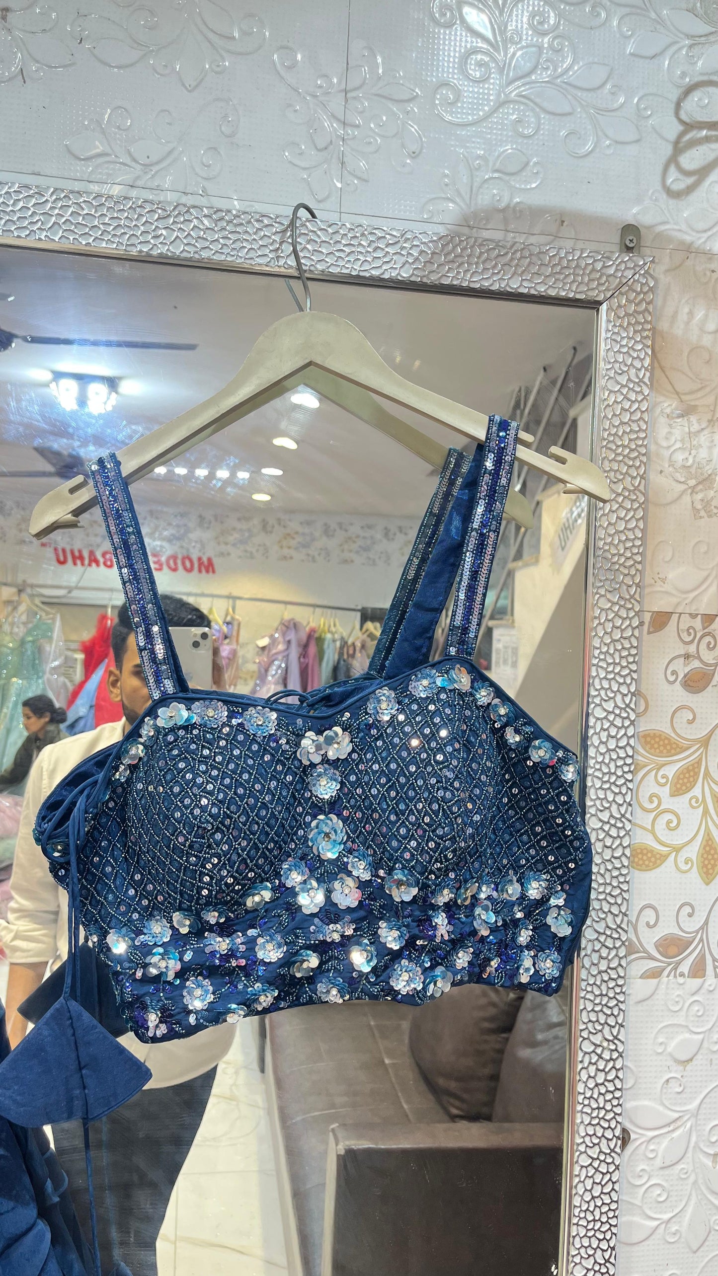 Royal Blue Ruffled Lehenga Choli | Sequin Floral Embroidered Blouse with Net Dupatta
