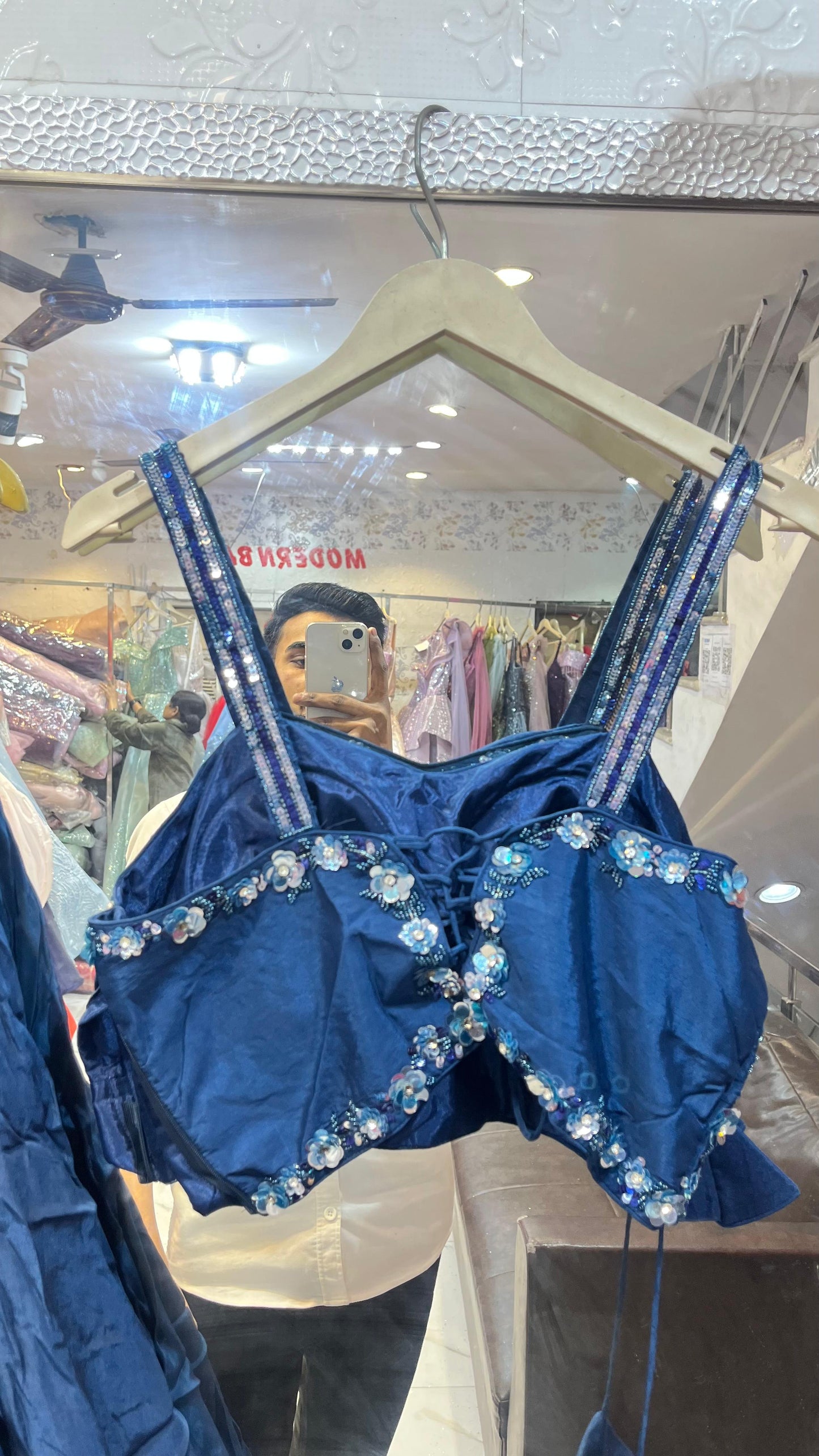Royal Blue Ruffled Lehenga Choli | Sequin Floral Embroidered Blouse with Net Dupatta