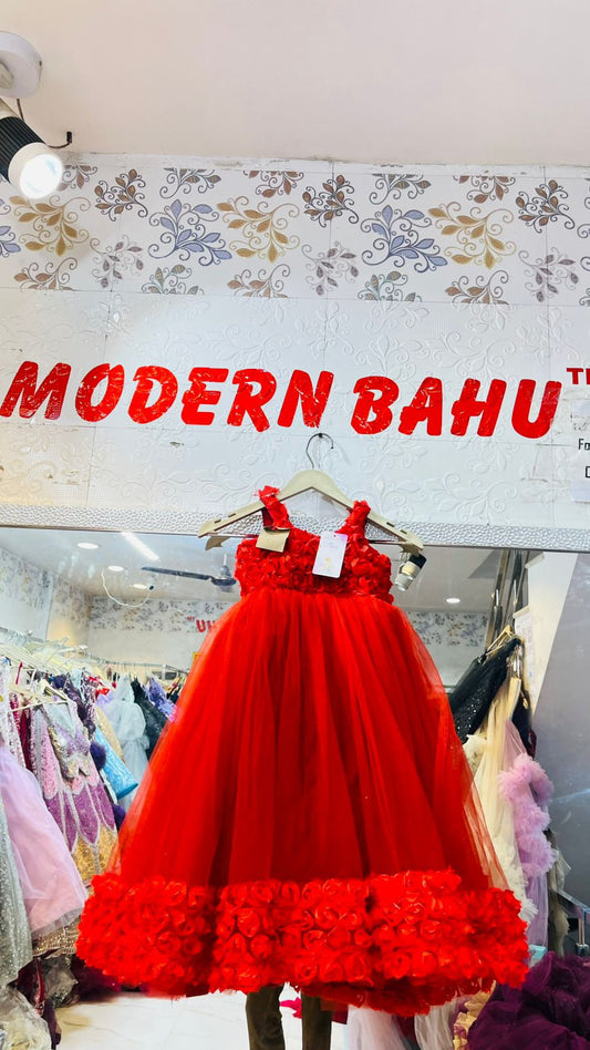 Vibrant Red Tulle Ball Gown with 3D Rose Bodice & Heavy Floral Hem – Statement Kids Party Wear