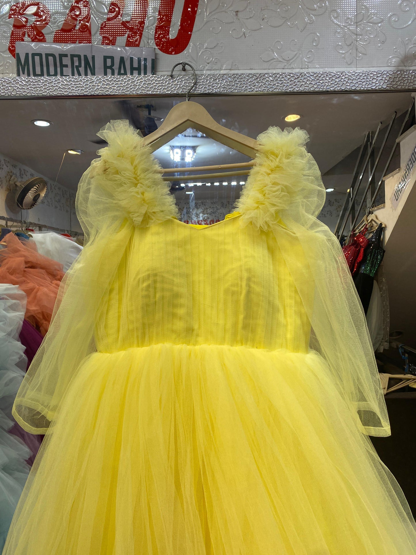 Sunshine Yellow Ruffled Tulle Gown with Sheer Sleeves – Haldi & Party Wear