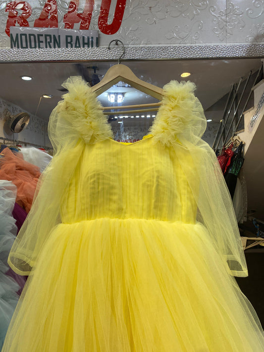 Sunshine Yellow Ruffled Tulle Gown with Sheer Sleeves – Haldi & Party Wear