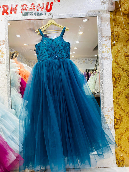 Teal Blue Floral Embroidered Tulle/Net Gown – Sleeveless Evening & Party Wear