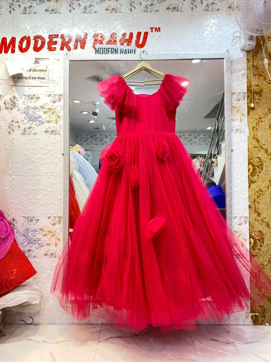 Romantic Bright Red Tulle Ball Gown with 3D Floral Accents – Party Wear