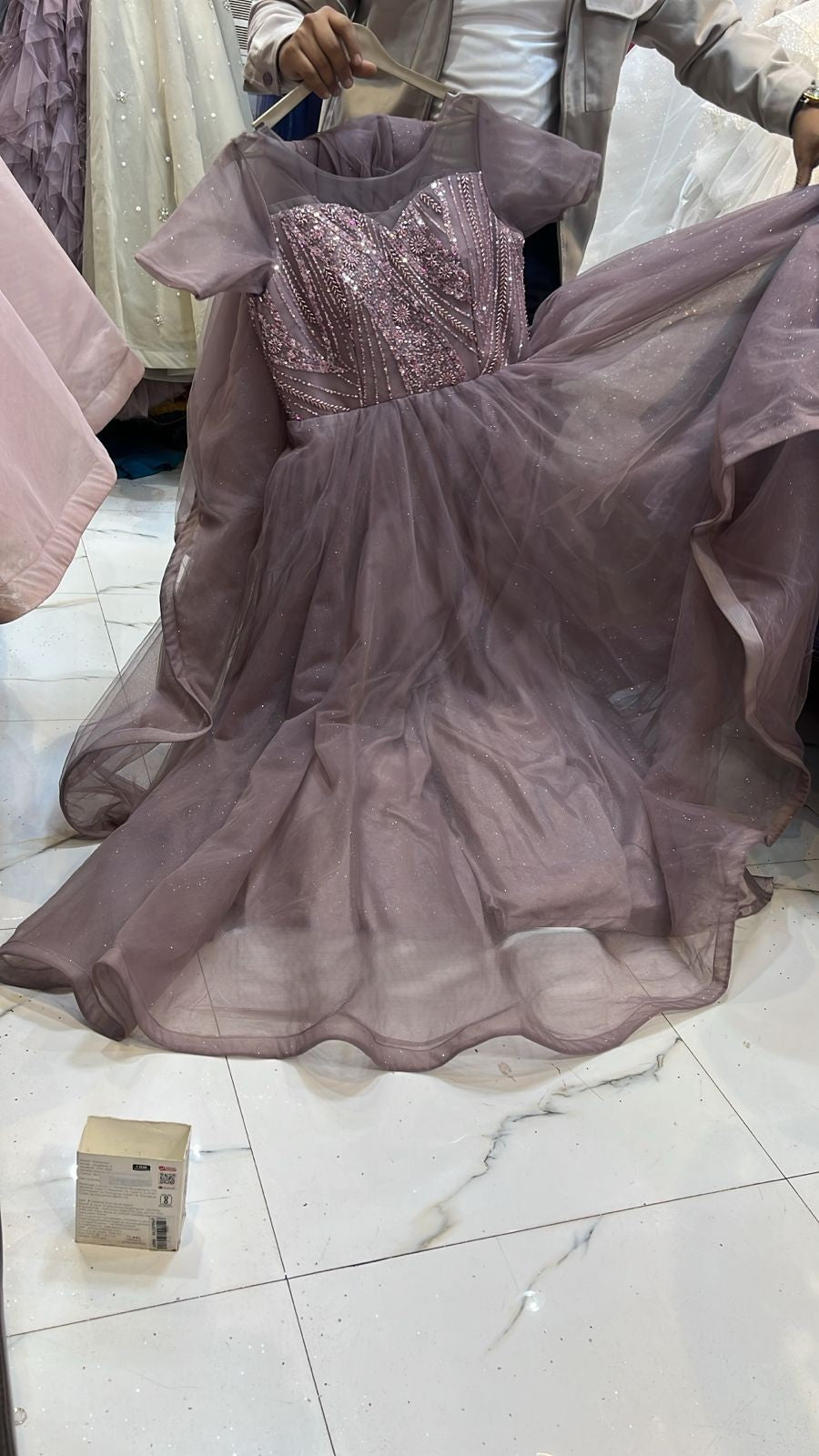 Dusty Mauve Sequin Embellished Net Gown with Shimmer Detail – Designer Evening Wear for Women