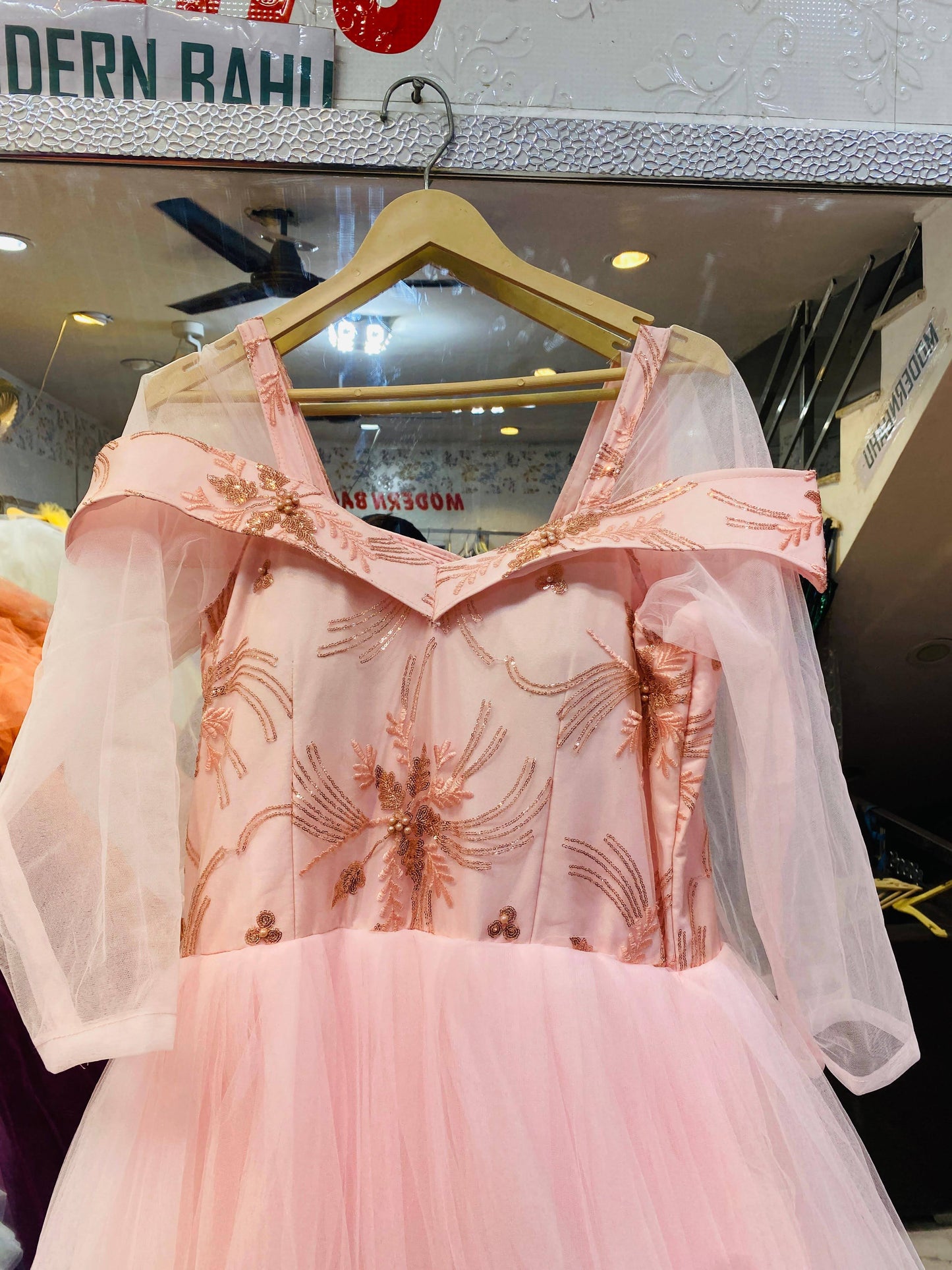 Baby Pink Cold-Shoulder Tulle Gown with Sequin Floral Embroidery – Evening & Party Wear