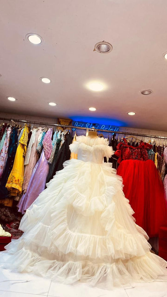 Majestic Ivory White Ruffled Ball Gown with Off-Shoulder Neckline – Party Wear