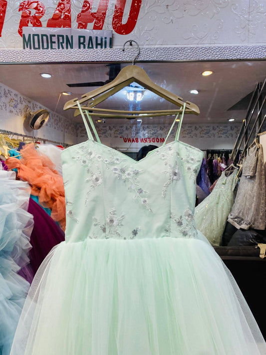 Mint Green Floral Embroidered Tulle Gown – Spaghetti Strap Bridesmaid & Party Wear