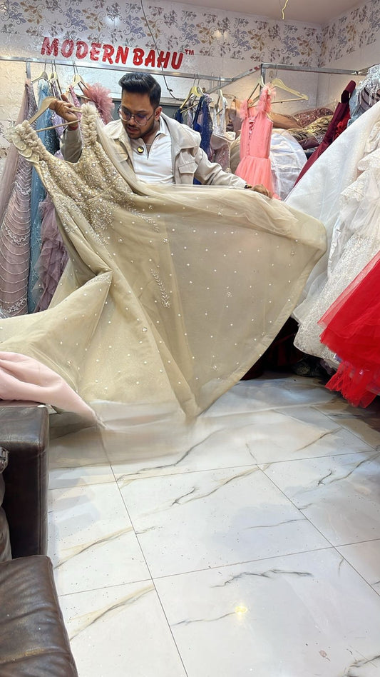 Champagne Gold Pearl Embedded Net Gown with 3D Floral Straps – Luxury Bridal Wear