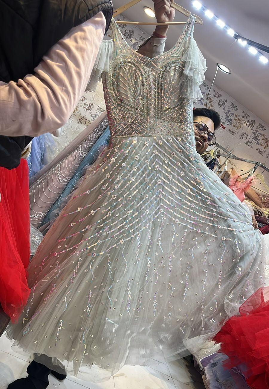 Luxury Silver Grey Holographic Sequin Net Gown with Ruffle Sleeves - Designer Evening Party Wear
