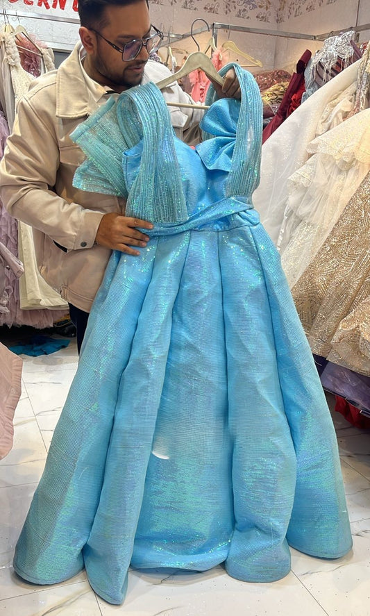 Sky Blue Holographic Shimmer Ball Gown with Structured Ruffle Shoulders - Designer Cocktail Dress
