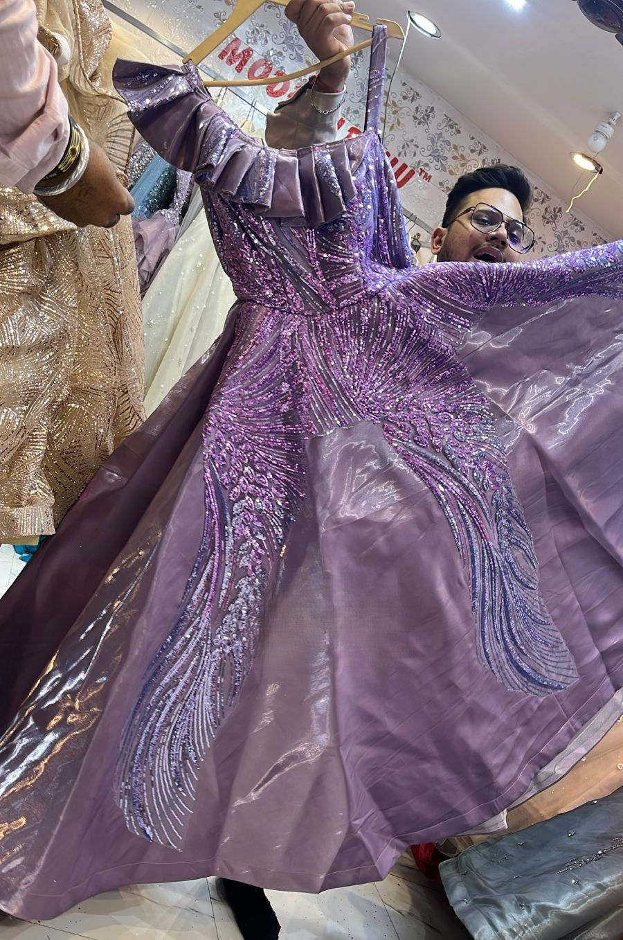 Lavender Purple Sequin Gown with Artistic Wing Pattern Embroidery - Party Wear