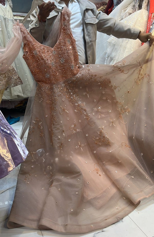 Peach Pink Tulle Gown with Scattered Floral Sequin Embroidery & Ruffled Straps - Romantic Prom Dress