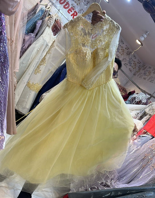 Lemon Yellow Tulle Gown with Pearl Embellished Illusion Neckline - Haldi & Party Wear